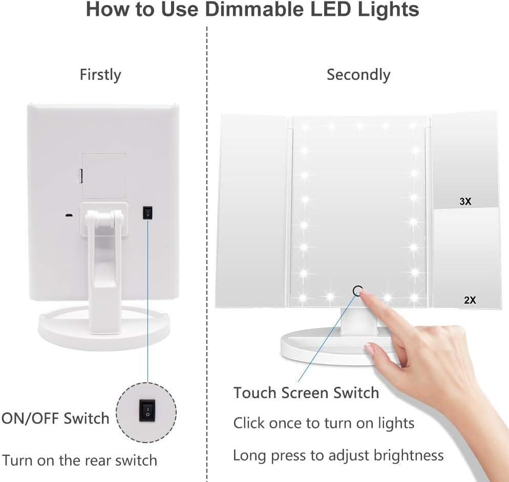 Espejo de Tocador de Maquillaje con Iluminación LED - Pantalla Táctil, 3 Aumentos y Rotación Ajustable