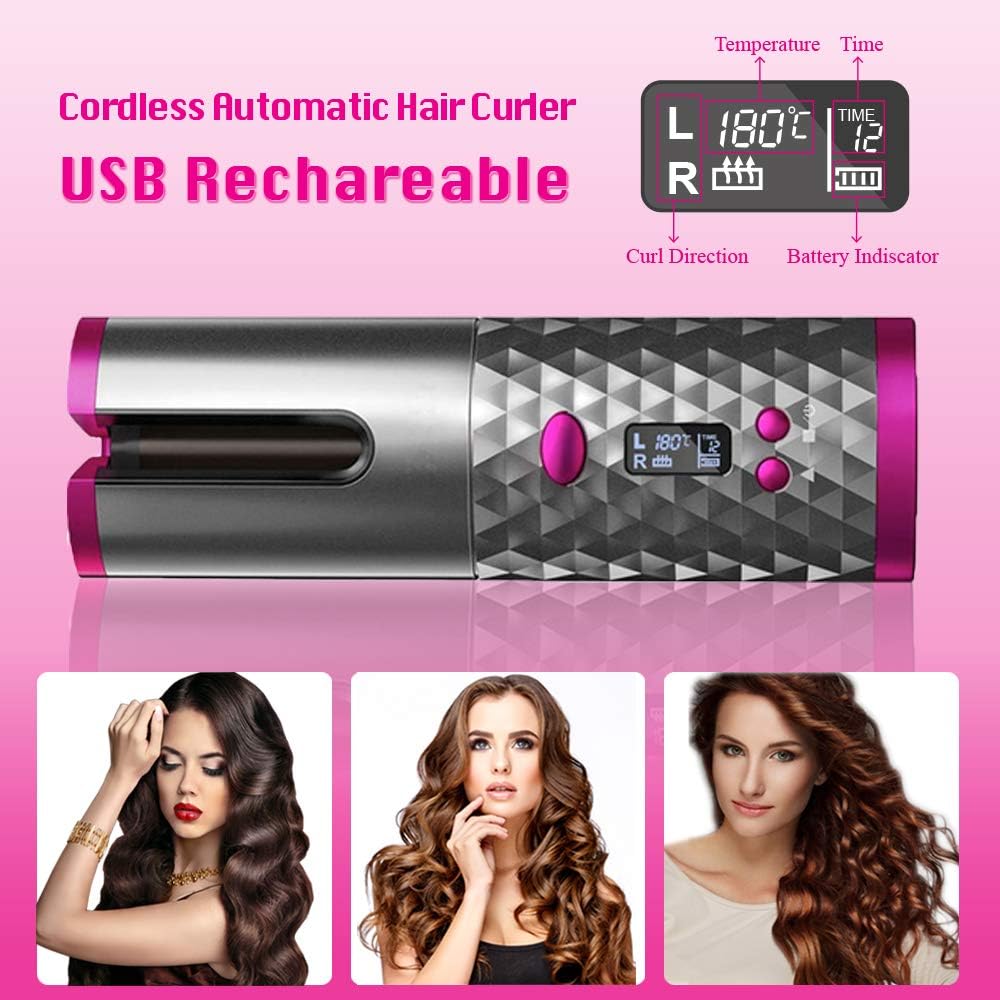 Rizador de Pelo Automático Inalámbrico - Rizador de Cerámica USB Portátil para Rizos Duraderos